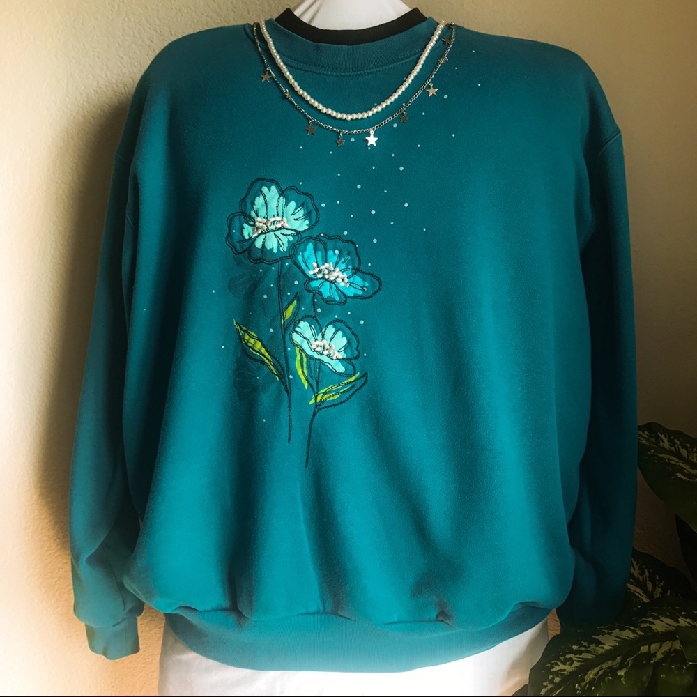 Teal Vintage grandma embroidered sweater :)